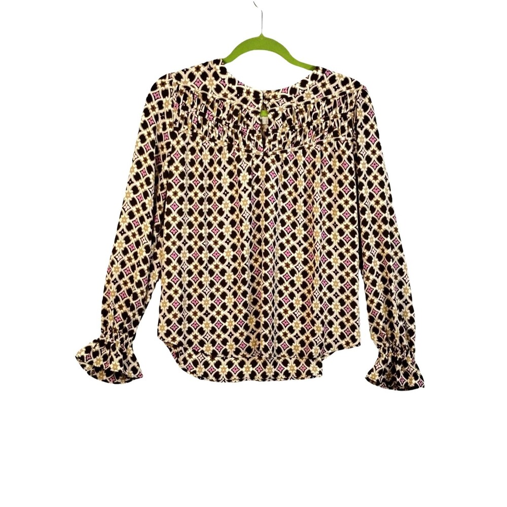 Long Ruffle Sleeve Blouse Women's S Graphic Career Comfort Boack Brown Gathered